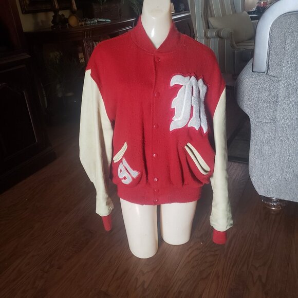 Vintage‎ DeLong Men's RED Lettermans Wool Leather Varsity Jacket USA Size 44 "M" - Picture 1 of 16